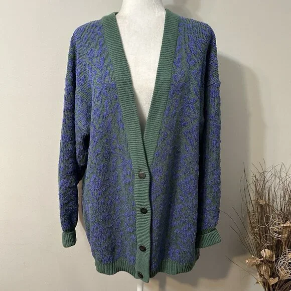 Vtg Dockers Grandma Knit Cardigan Sweater Women Purple Green Oversized Sz L